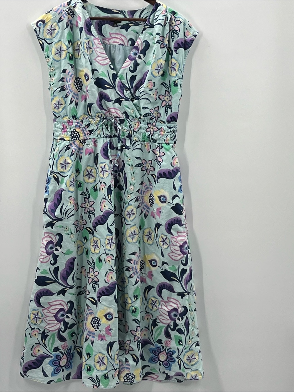 440 Talbots Size 12 Mint Floral Wrap-Style Midi Dress with Purple Accents